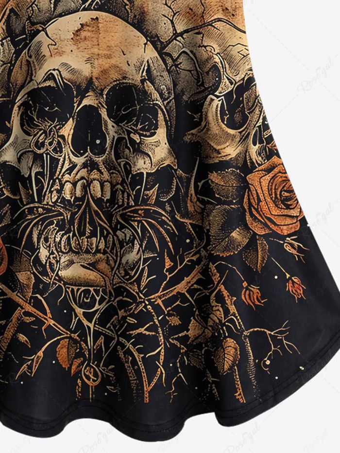 Gothic Cold Shoulder Distressed Skulls Rose Flower Horn Print Cami T-shirt