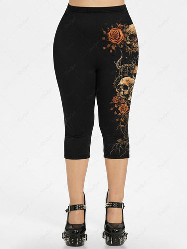Gothic Plus Size Distressed Skull Rose Flower Horn Print Pocket Capri Leggings