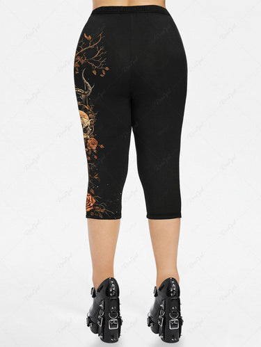 Gothic Plus Size Distressed Skull Rose Flower Horn Print Pocket Capri Leggings