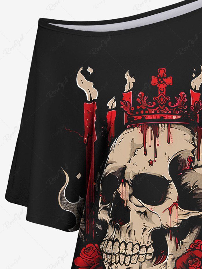 Gothic Skew Neck Batwing Sleeves Bloody Skull Rose Flower Candle Crown Print T-shirt