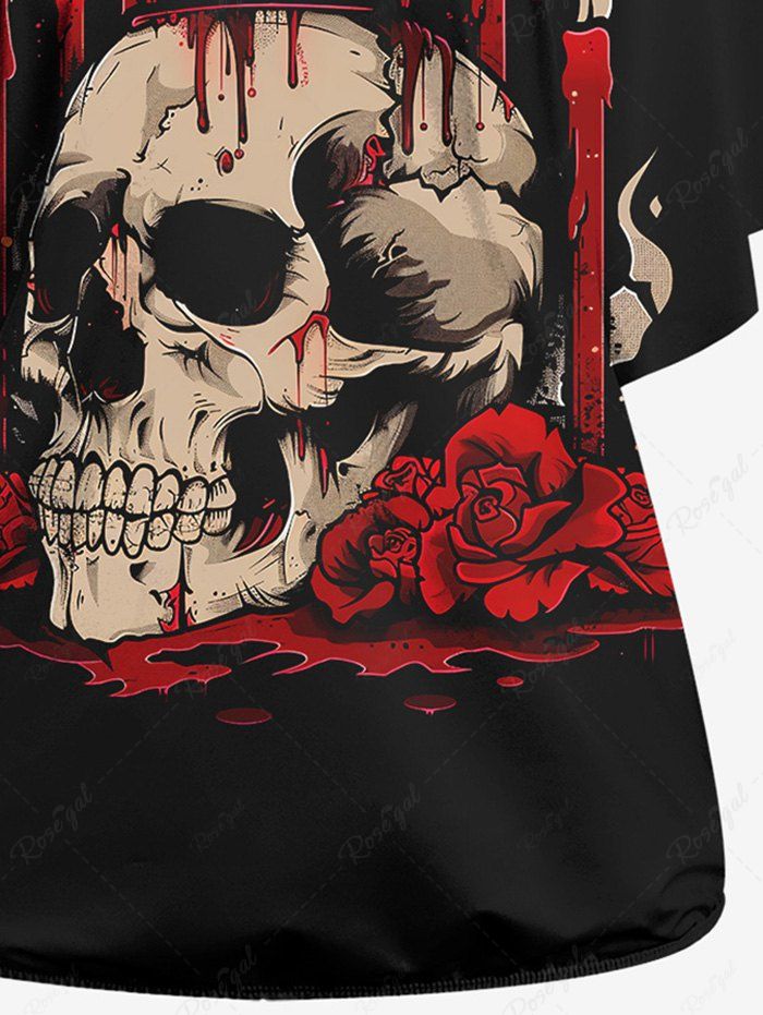 Gothic Skew Neck Batwing Sleeves Bloody Skull Rose Flower Candle Crown Print T-shirt