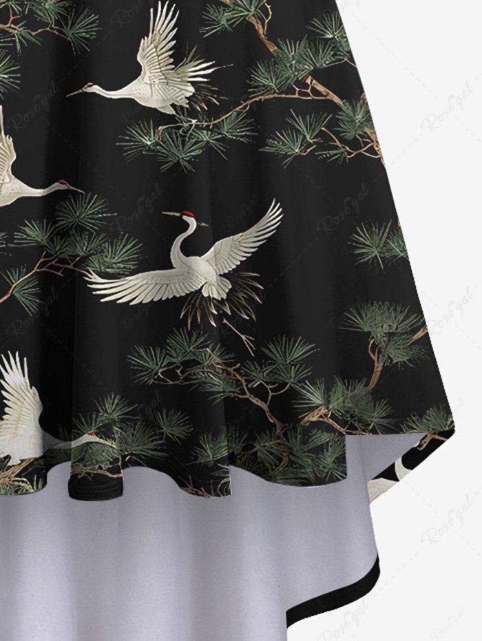 Gothic Pine Crane Print High Low Asymmetric Backless A Line Cami Dress
