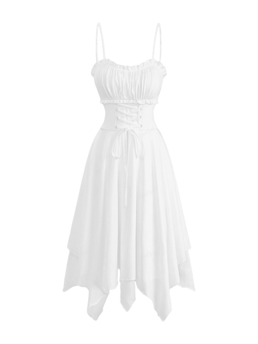 Gothic Ruched Bust Lace Up Solid Asymmetric A Line Cami Dress White / XXL Gothic Ruched Bust Lace Up Solid Asymmetric A Line Cami Dress White / XXL