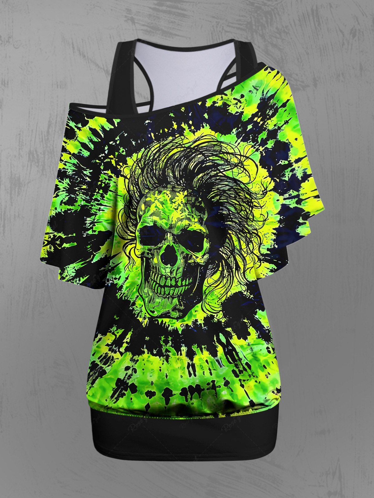 Gothic Racerback Tank Top and Skull Spiral Tie Dye Print Neon Color T-shirt Set