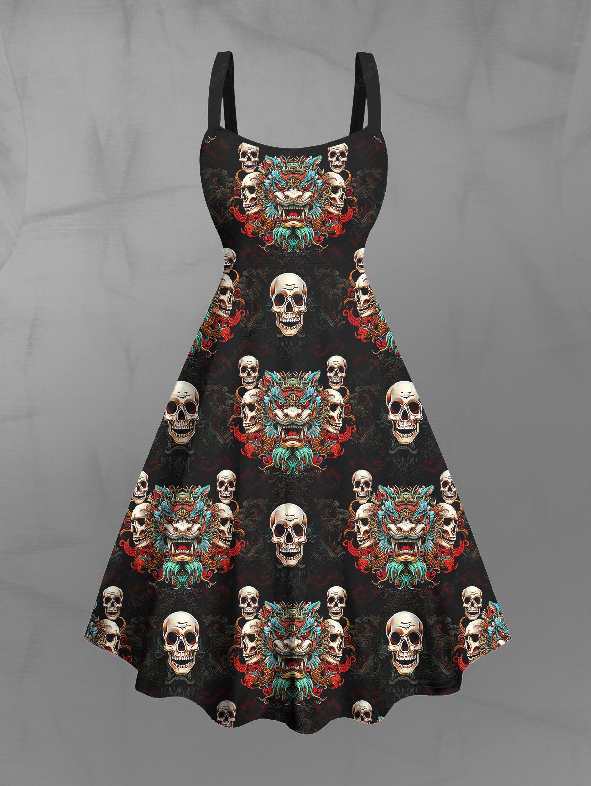 Gothic Skull Dragon Head Print Backless A Line Tank Dress