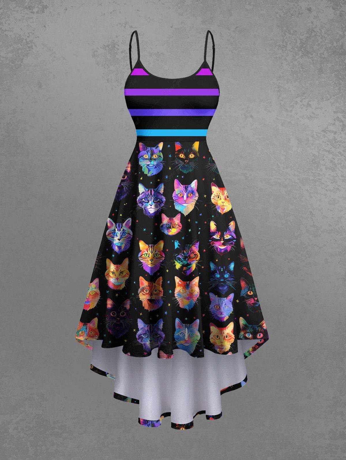 Gothic Colorful Cat Ombre Striped Galaxy Print High Low Asymmetric Backless A Line Cami Dress