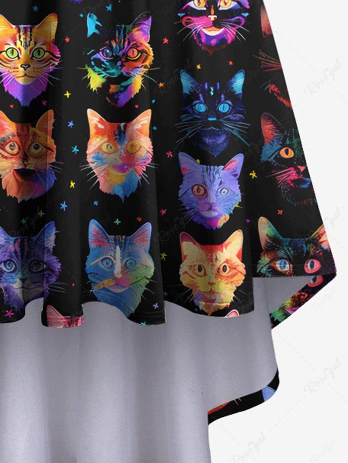 Gothic Colorful Cat Ombre Striped Galaxy Print High Low Asymmetric Backless A Line Cami Dress