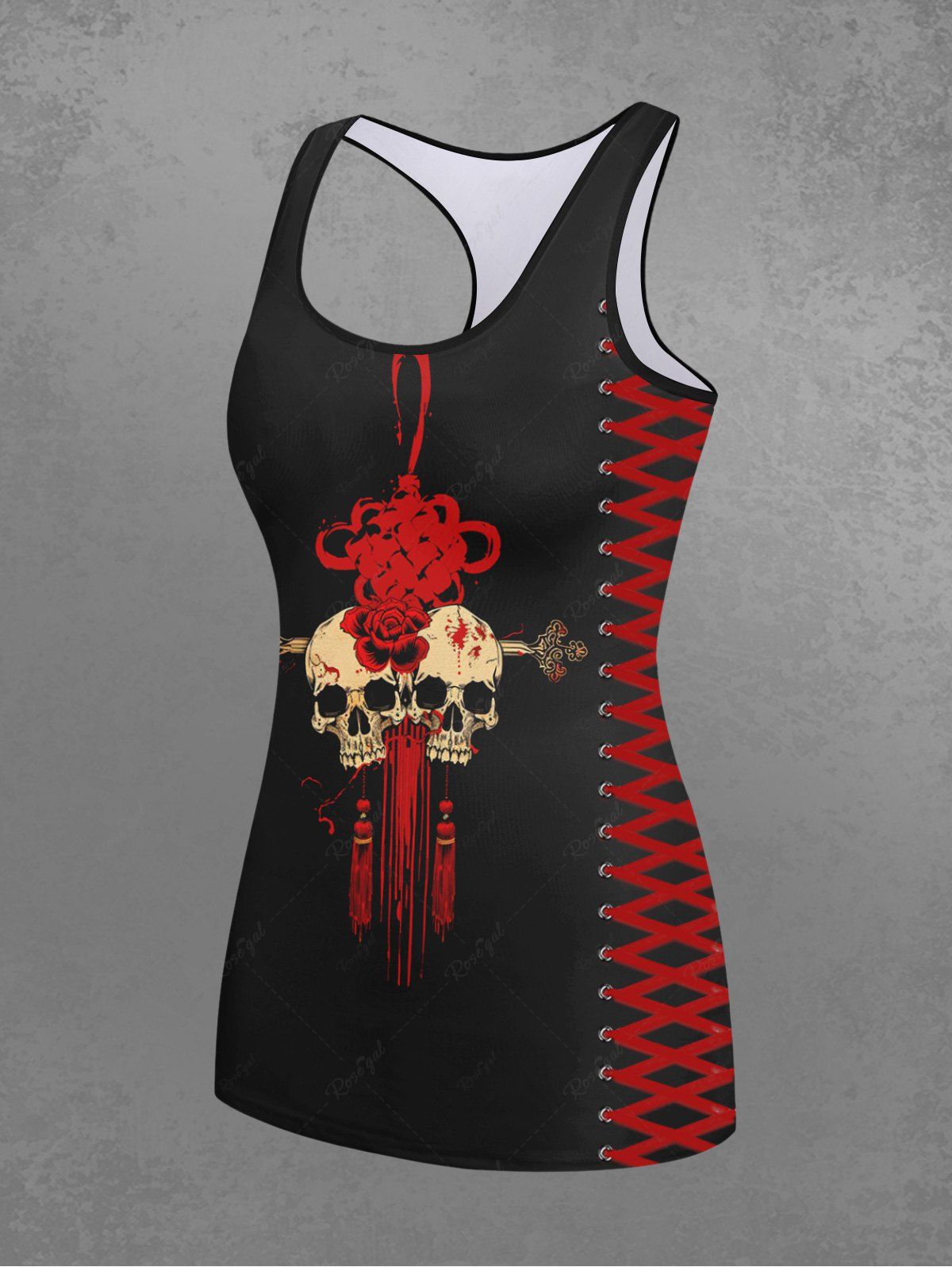 Gothic 3D Skulls Chinese Knot Flower Tassel Lace Up Print Racerback Tank Top