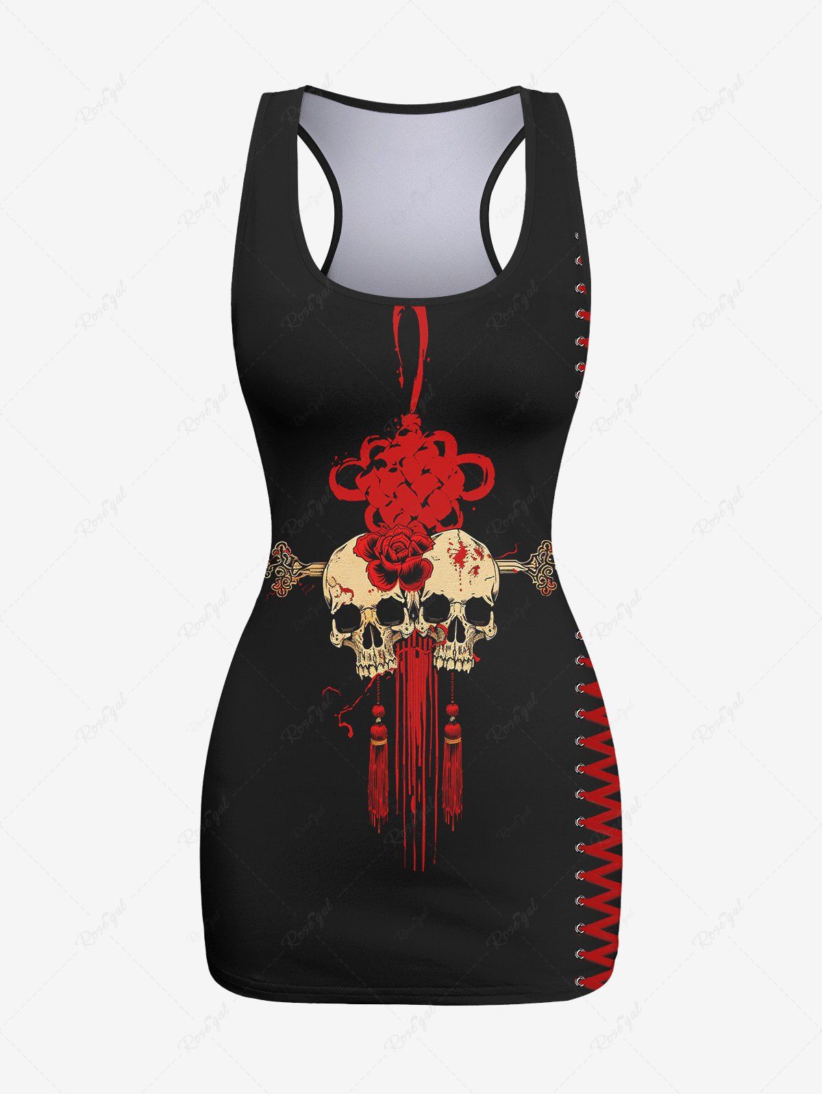 Gothic 3D Skulls Chinese Knot Flower Tassel Lace Up Print Racerback Tank Top