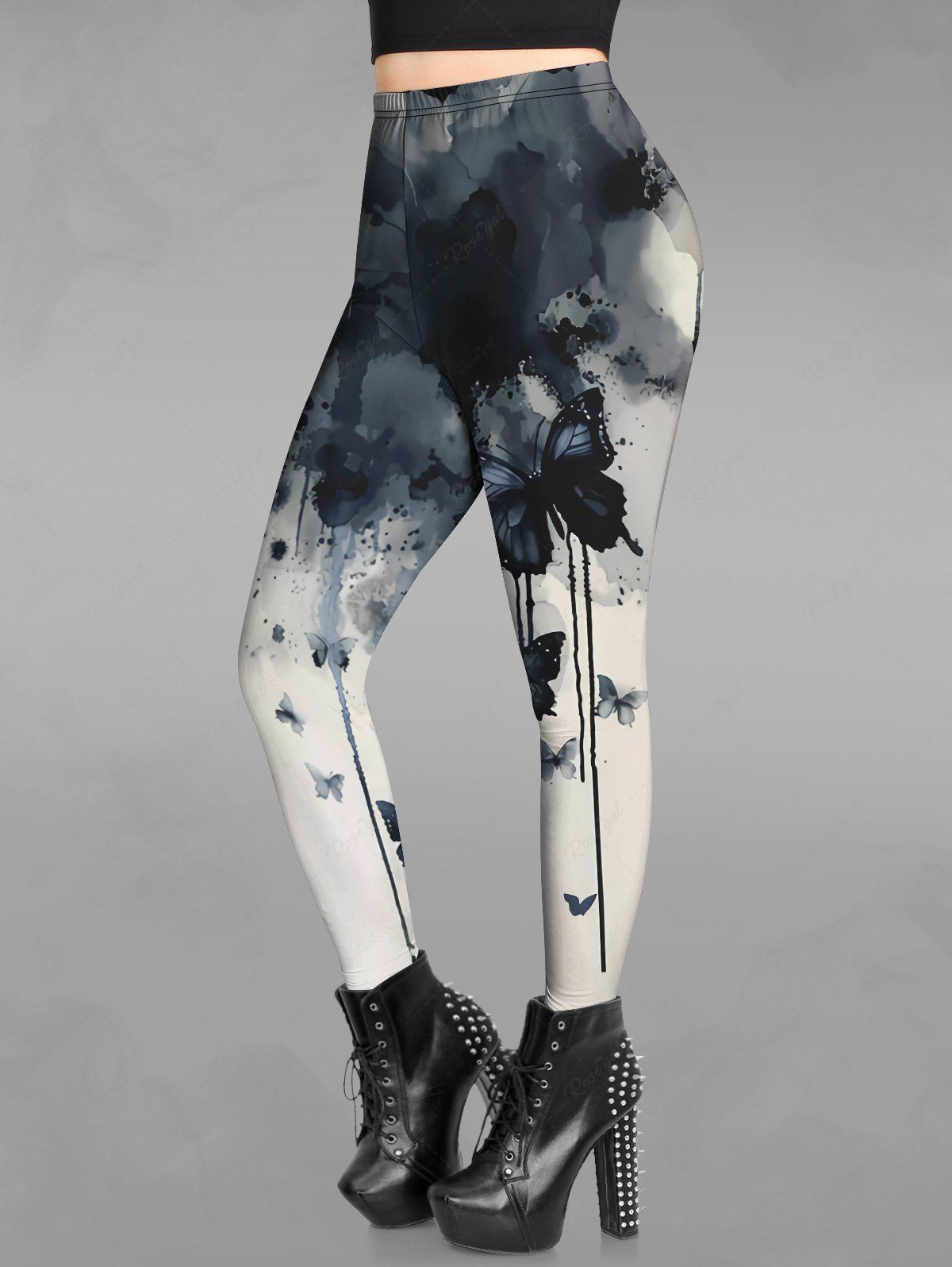 Gothic Ink Painting Butterfly Print Ombre Skinny Leggings