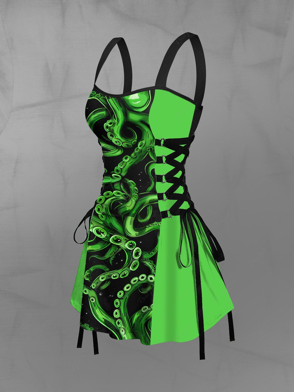 Gothic Neon Color Octopus Lace Up Print Backless A Line Tank Dress