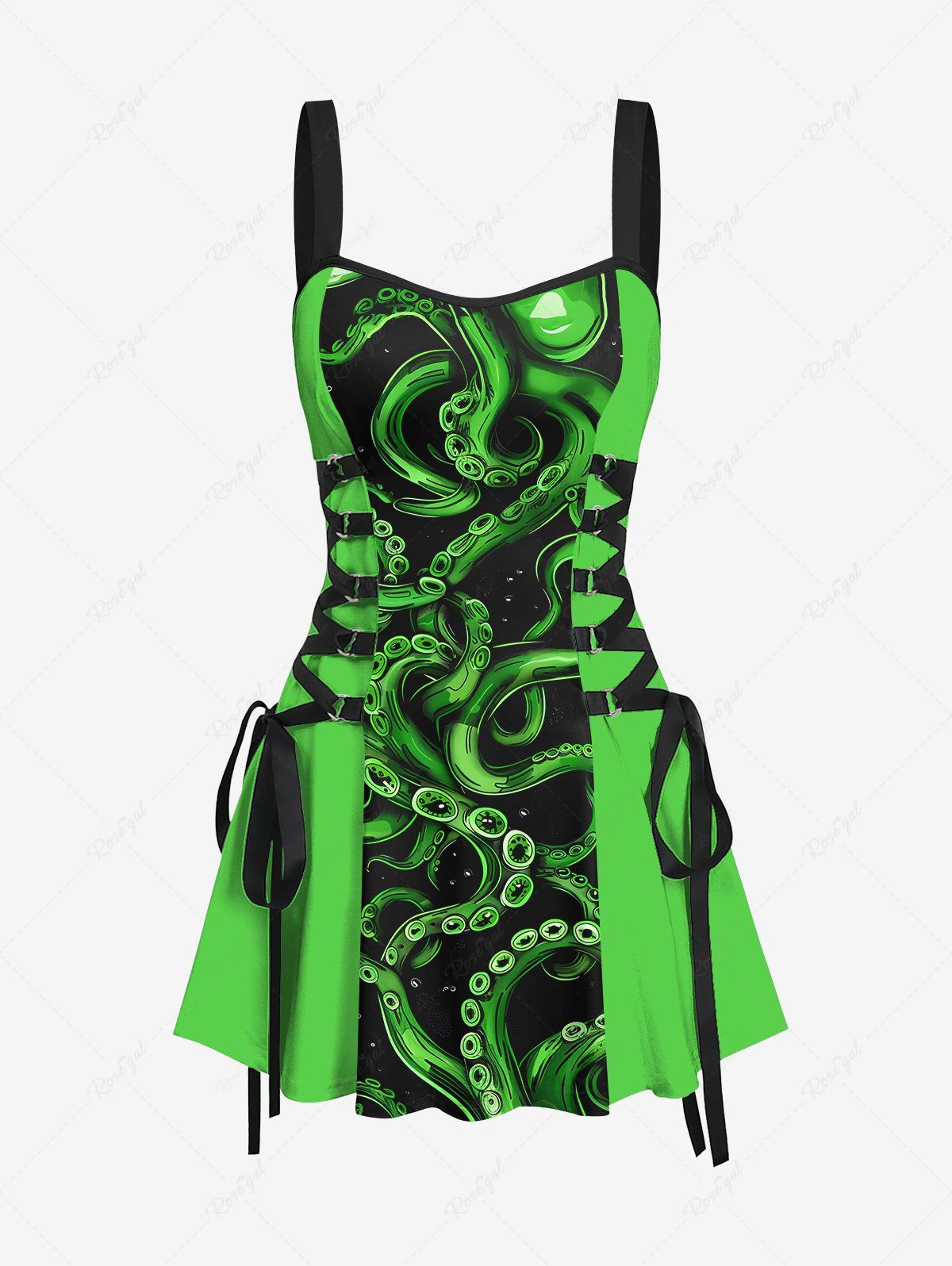Gothic Neon Color Octopus Lace Up Print Backless A Line Tank Dress