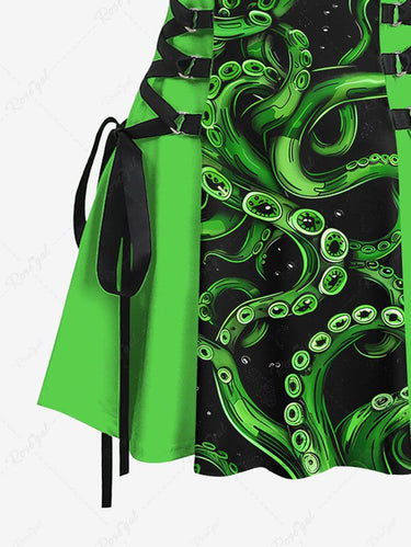 Gothic Neon Color Octopus Lace Up Print Backless A Line Tank Dress Green / XL Gothic Neon Color Octopus Lace Up Print Backless A Line Tank Dress Green / XL