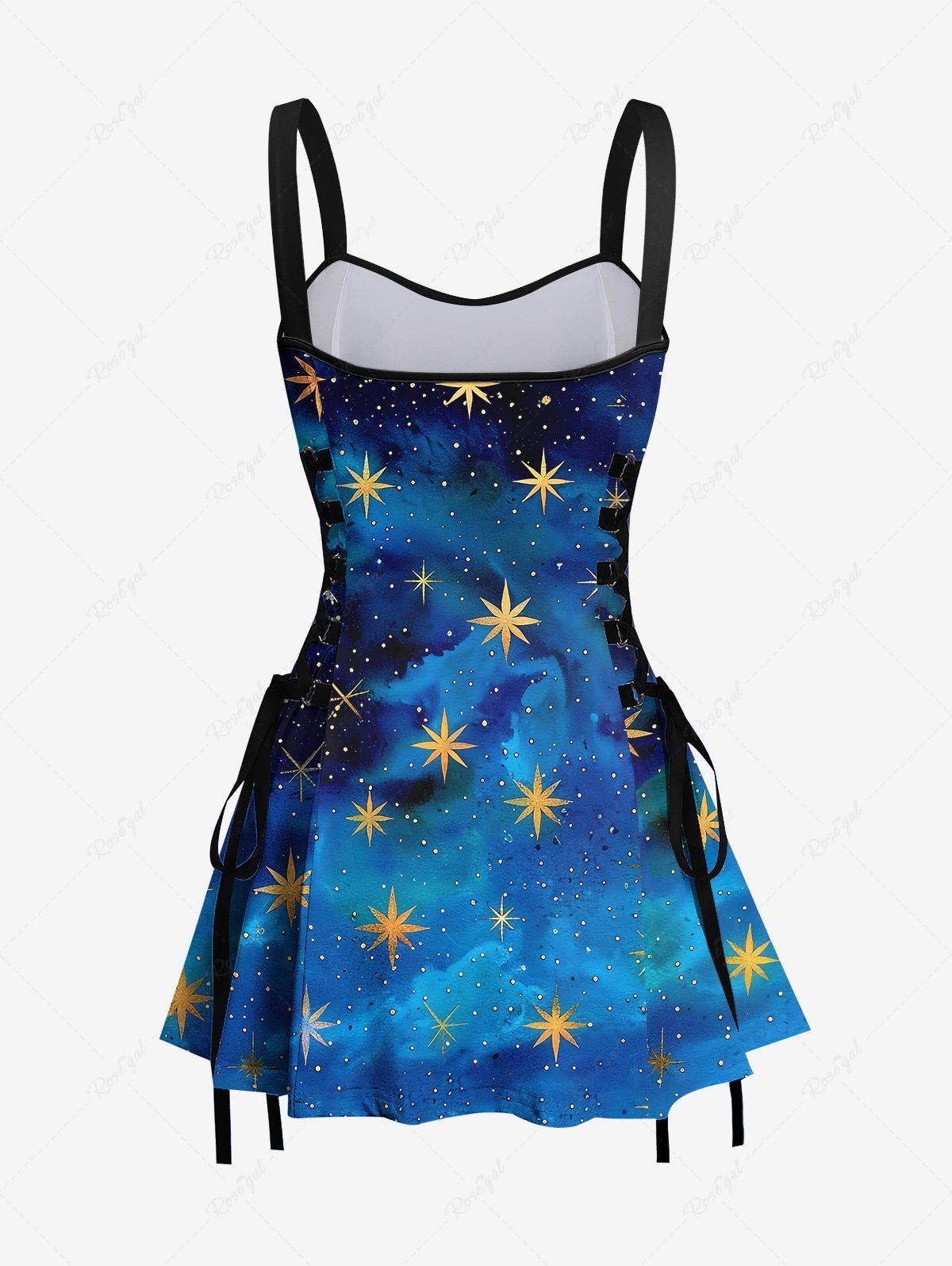 Gothic Stars Ombre Galaxy Print Side Lace Up Backless Dress