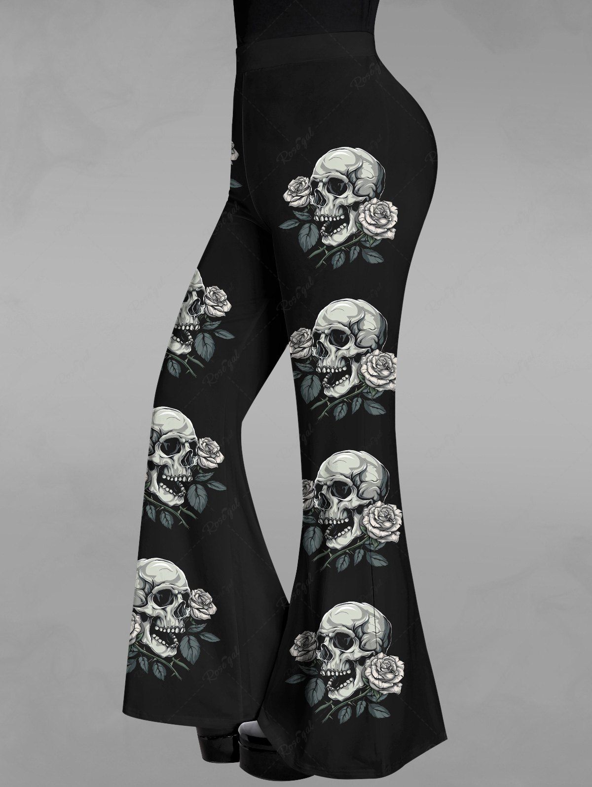 Gothic Skulls Rose Flower Print Flare Pants