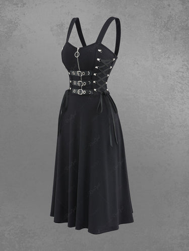 Gothic Side Lace Up Half Zipper PU Strap Buckle Grommet Solid A Line Backless Tank Dress Black / L Gothic Side Lace Up Half Zipper PU Strap Buckle Grommet Solid A Line Backless Tank Dress Black / L