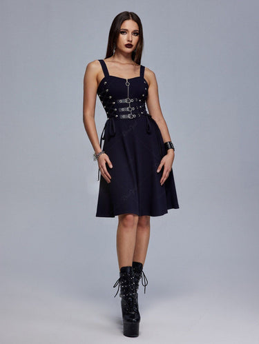Gothic Side Lace Up Half Zipper PU Strap Buckle Grommet Solid A Line Backless Tank Dress