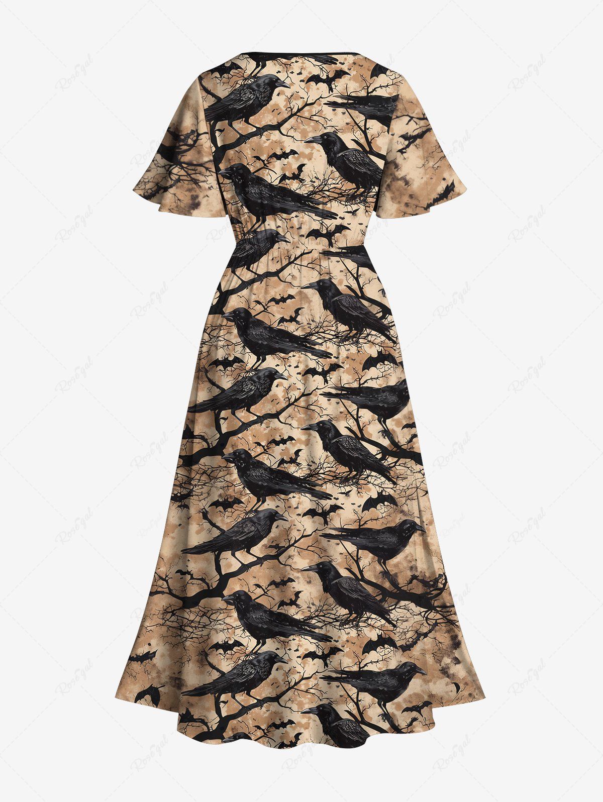 Gothic Distressed Eagle Bat Tree Branch Print Split Pocket A Line Dress