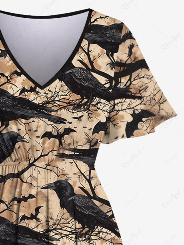 Gothic Distressed Eagle Bat Tree Branch Print Split Pocket A Line Dress