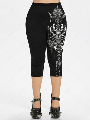 Gothic Plus Size Glitter Scorpion Tassel Print Pocket Capri Leggings