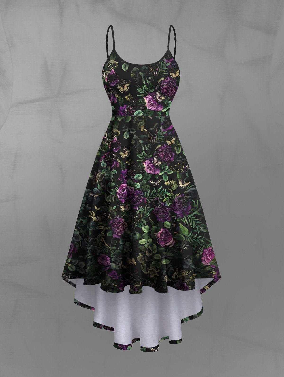Gothic Flower Leaf Printed High Low Asymmetric A Line Backless Cami Dress