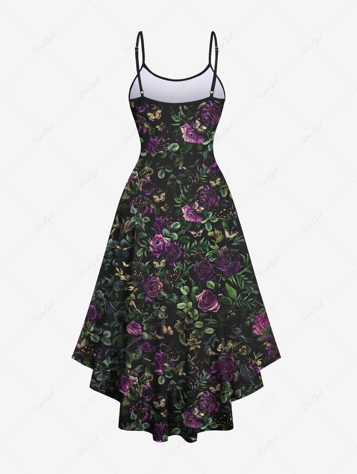 Gothic Flower Leaf Printed High Low Asymmetric A Line Backless Cami Dress