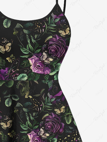 Gothic Plus Size Flower Leaf Printed High Low Asymmetric A Line Backless Cami Dress