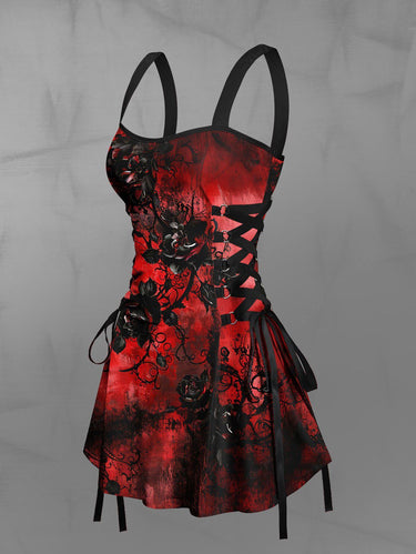 Gothic Flower Branch Print Ombre Lace Up Backless A Line Tank Dress