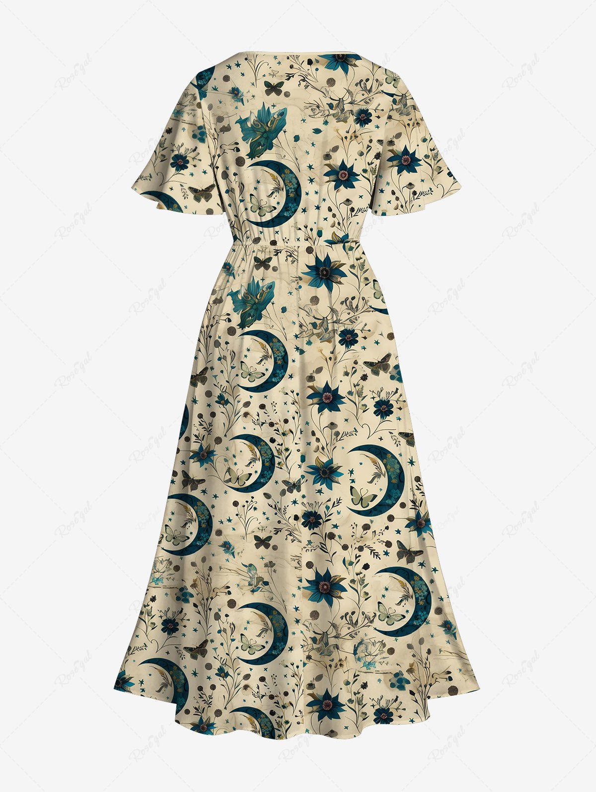 Gothic Floral Moon Butterfly Print Split Pocket A Line Dress