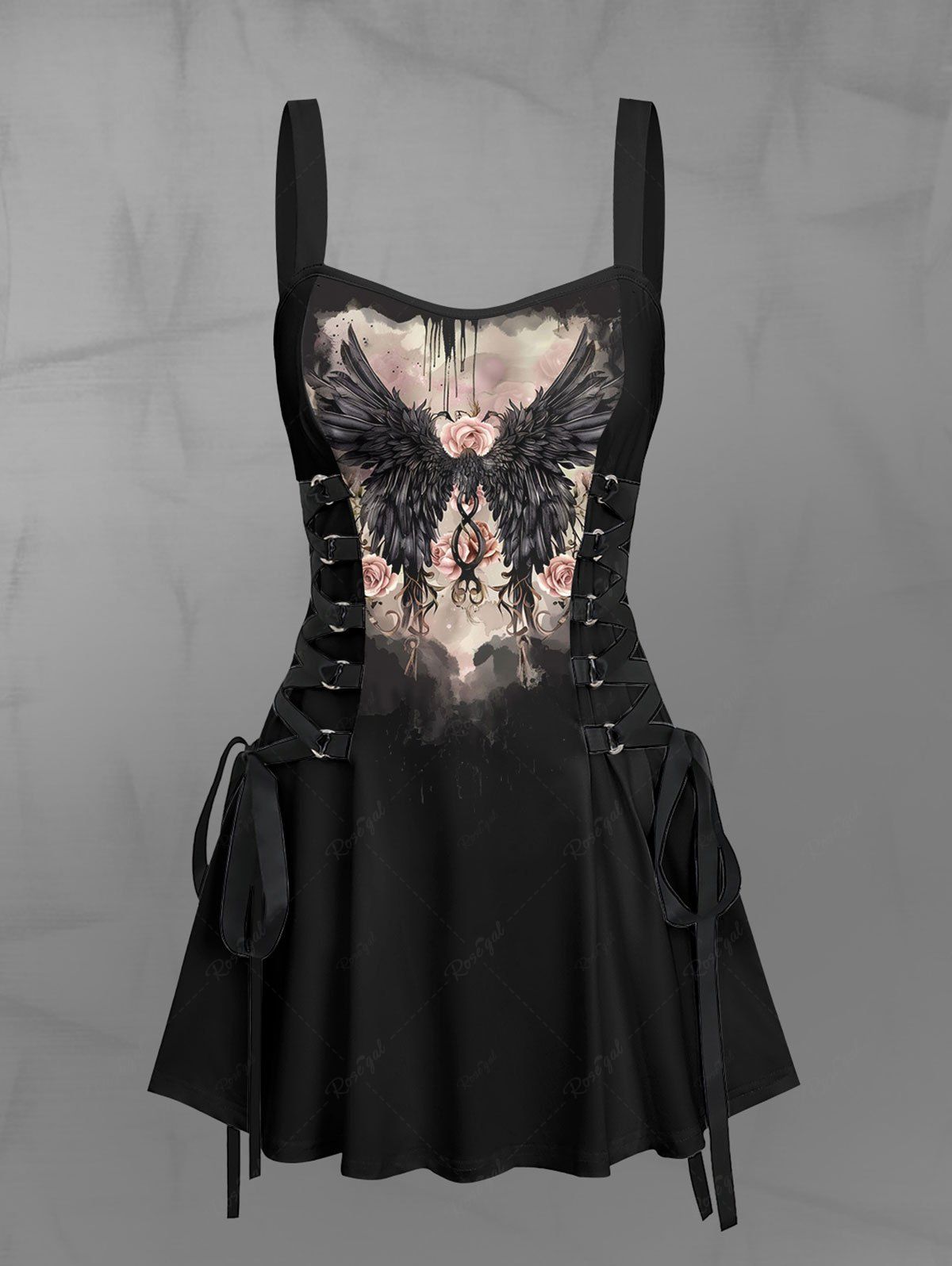 Gothic Devil Wings Rose Flower Ink Painting Print Lace Up A Line Tank Dress