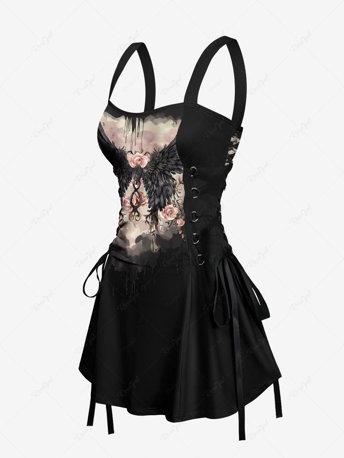 Gothic Devil Wings Rose Flower Ink Painting Print Lace Up A Line Tank Dress