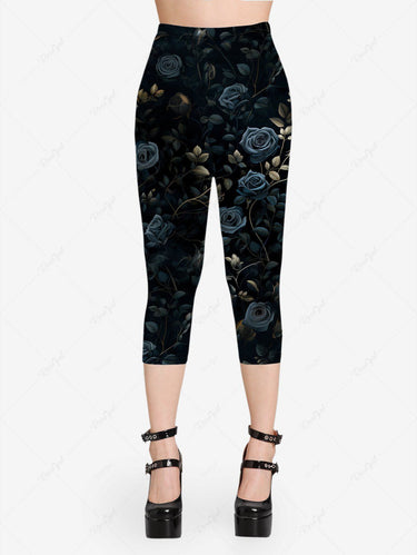 Gothic Plus Size Ombre Rose Flower Leaf Print Pocket Capri Leggings