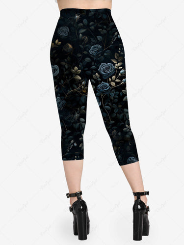 Gothic Plus Size Ombre Rose Flower Leaf Print Pocket Capri Leggings