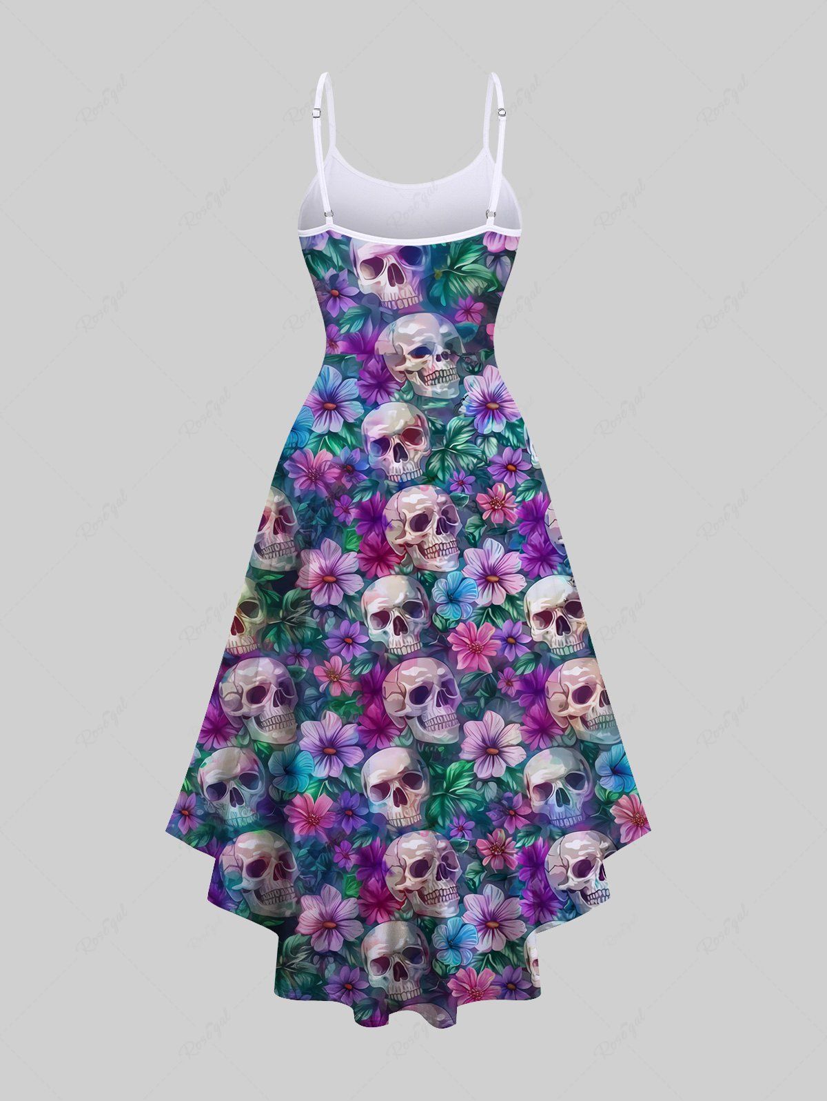 Gothic Colorful Skulls Flower Print High Low Asymmetric A Line Cami Dress