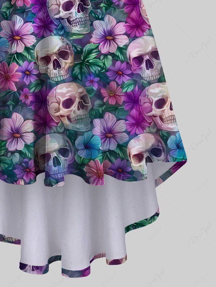 Gothic Colorful Skulls Flower Print High Low Asymmetric A Line Cami Dress