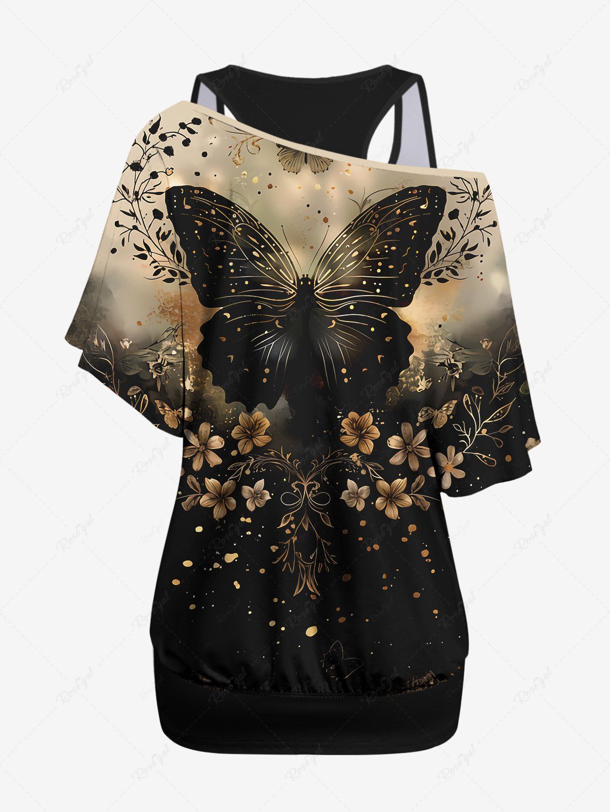 Gothic Solid Racerback Tank Top and Butterfly Flower Print Skew Neck Batwing Sleeves T-shirt Set