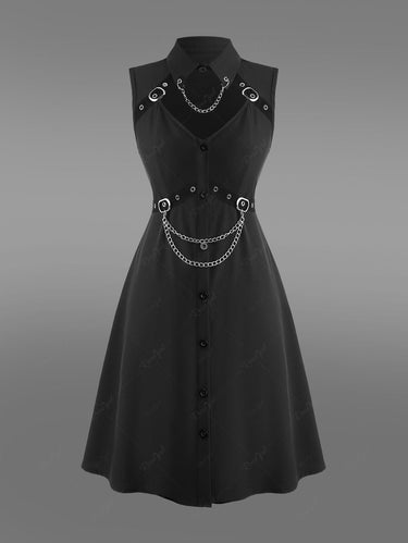 Gothic Cut Out Panel Full Button Chain Buckle Grommet Solid Sleeveless Rgothic Gothic Cut Out Panel Full Button Chain Buckle Grommet Solid Sleeveless Rgothic