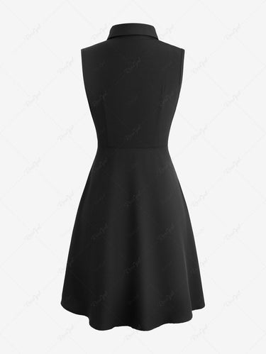 Gothic Cut Out Panel Full Button Chain Buckle Grommet Solid Sleeveless A Line Dress