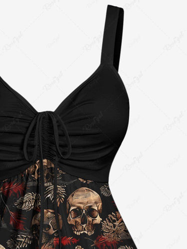 Gothic Plus Size Skulls Pine Print Cinched Backless Tank Top
