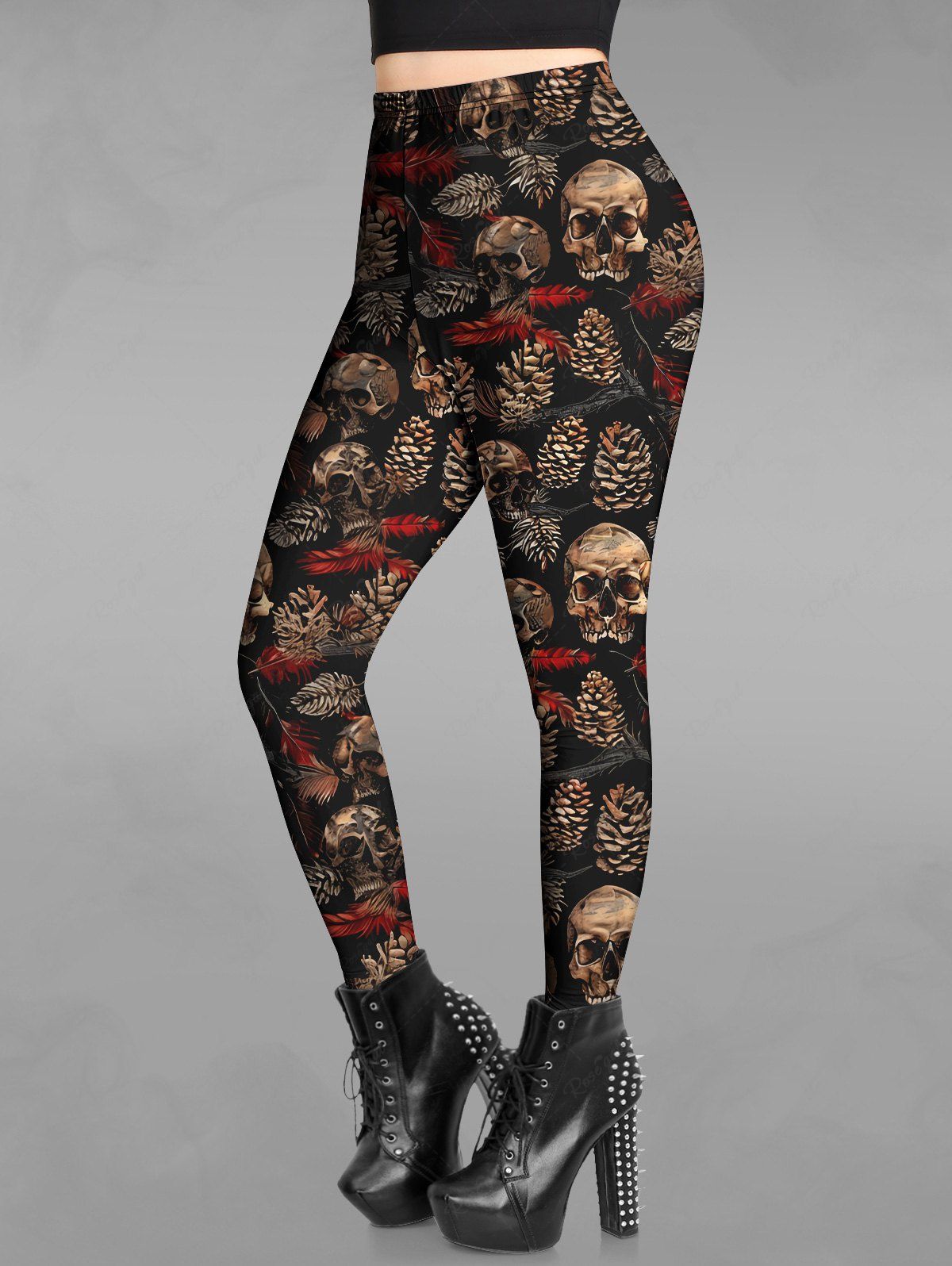 Gothic Skulls Pine Print Skinny Leggings