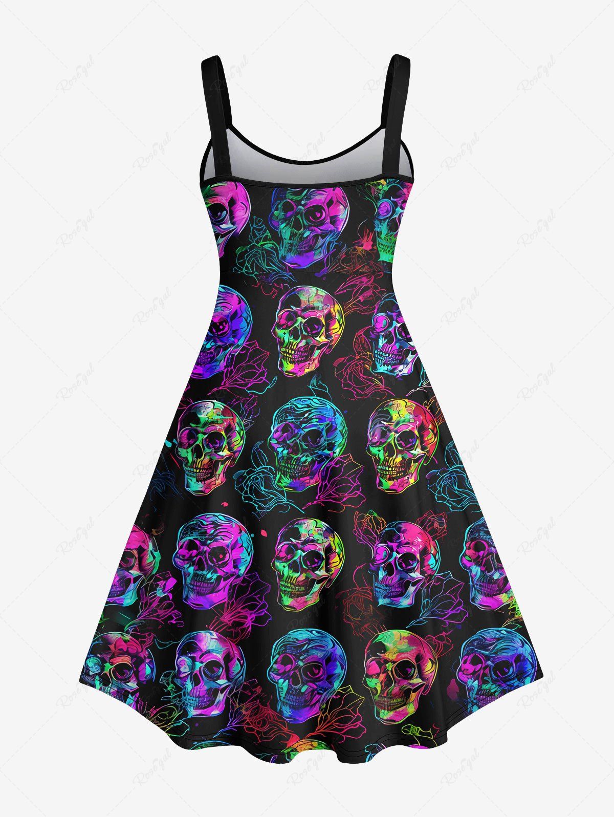 Gothic Colorful Skulls Flower Print Backless A Line Tank Dress