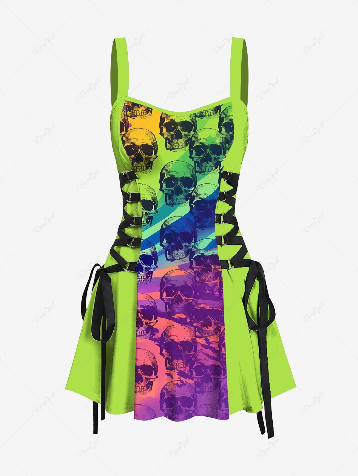 Gothic Neon Color Skulls Ombre Painting Print Lace Up A Line Tank Dress