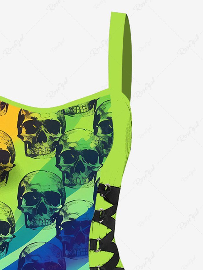 Gothic Neon Color Skulls Ombre Painting Print Lace Up A Line Tank Dress
