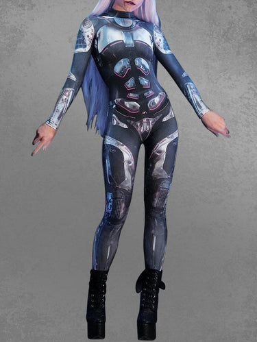 Gothic Plus Size Metallic Astronaut Costume Graphic Print Jumpsuit