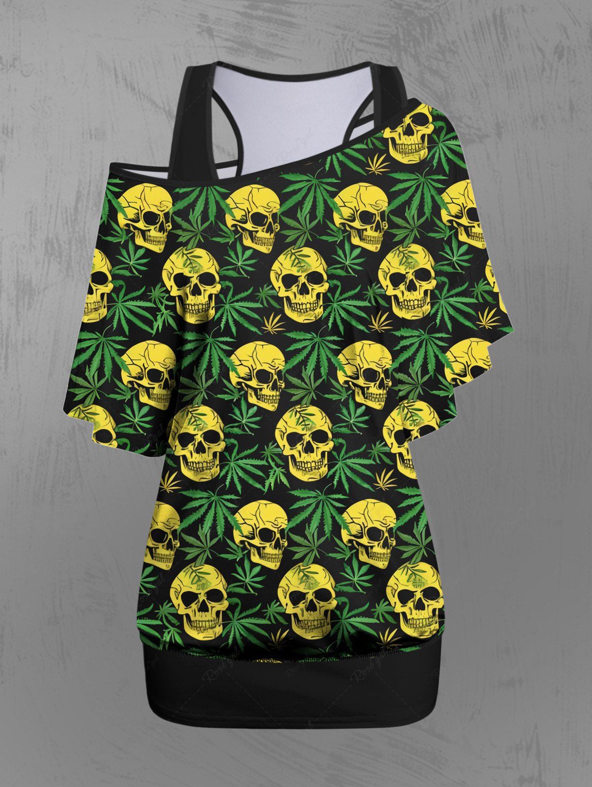 Gothic Solid Racerback Tank Top and Skulls Coconut Leaves Print Skew Neck Batwing Sleeves T-shirt Hawaii Set