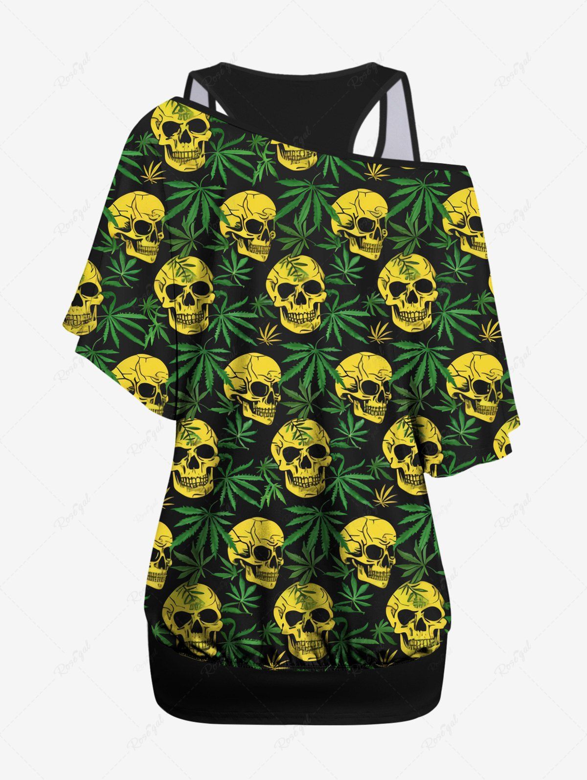 Gothic Solid Racerback Tank Top and Skulls Coconut Leaves Print Skew Neck Batwing Sleeves T-shirt Hawaii Set