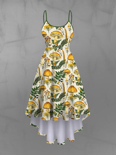 Gothic Plus Size Mushroom Leaf Floral Print High Low Asymmetric A Line Backless Cami Dress