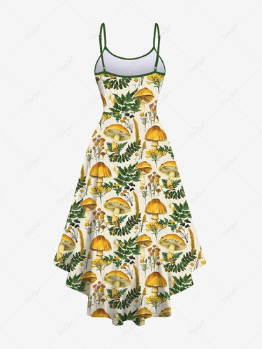 Gothic Plus Size Mushroom Leaf Floral Print High Low Asymmetric A Line Backless Cami Dress