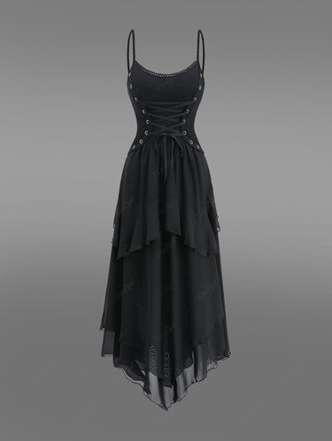 Gothic Lace Up Layered Grommet Solid A Line Backless Chiffon Cami Dress Black / S Gothic Lace Up Layered Grommet Solid A Line Backless Chiffon Cami Dress Black / S