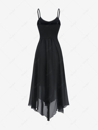 Gothic Lace Up Layered Grommet Solid A Line Backless Chiffon Cami Dress